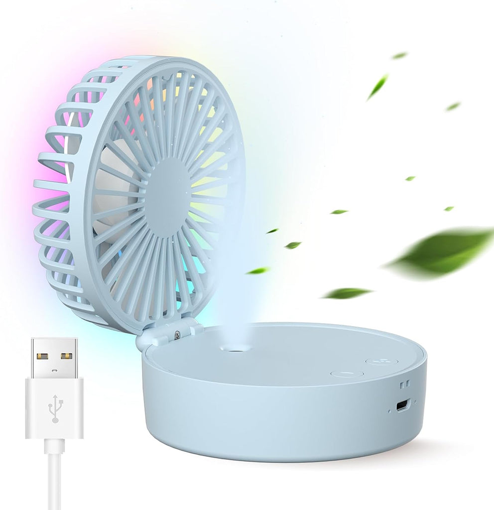 Mini Desk Fan, Portable Misting Fan with Colorful LED