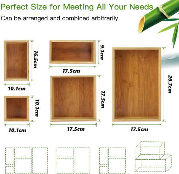 5PCS Bamboo Drawer Organiser Divider Kitchen Storage Box