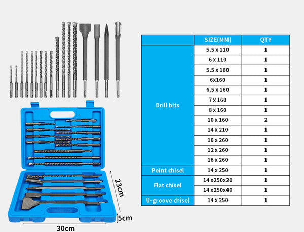 17PCS Drill Bits Set Chisel SDS Plus Rotary Hammer