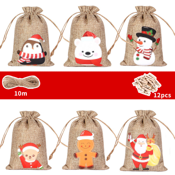 12PCS Christmas Burlap Bags C