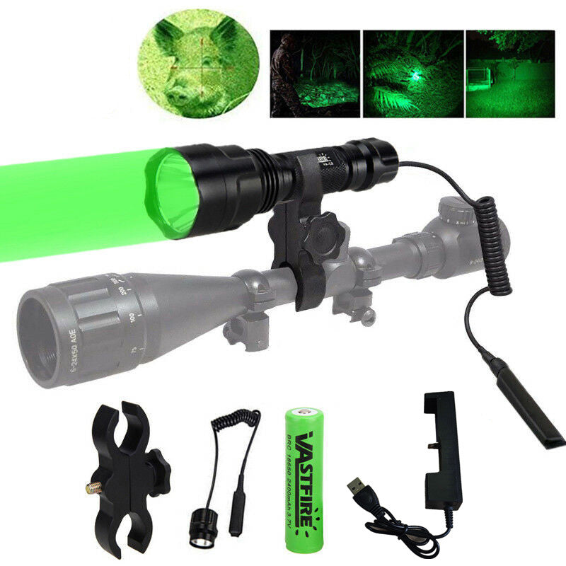 Tactical Green Flashlight Hunting Torch Light Camping Lamp Scope Gun Mount