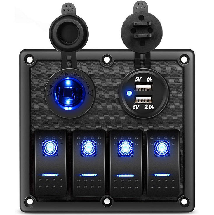 4 Gang LED Rocker Switch Panel Circuit Breakers Charger Car 12V 24V
