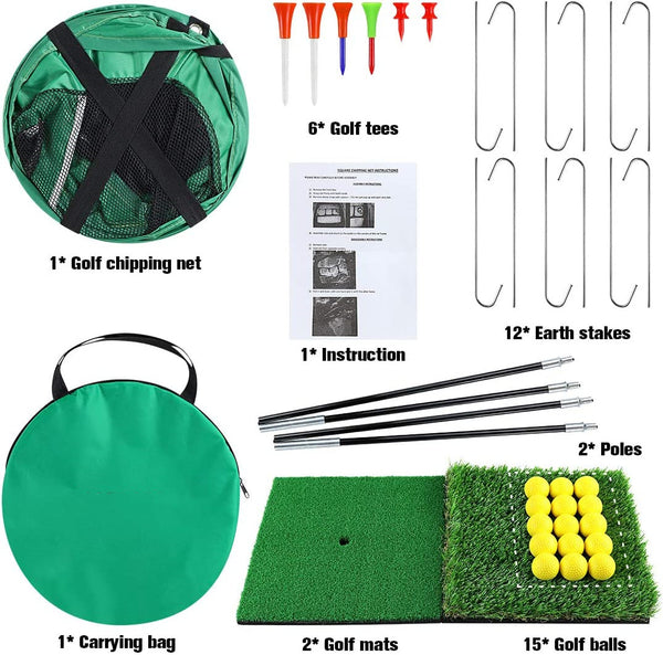 Golf Practice Net Hitting Net Golf Chipping Net Kit - Net + Balls + Mats