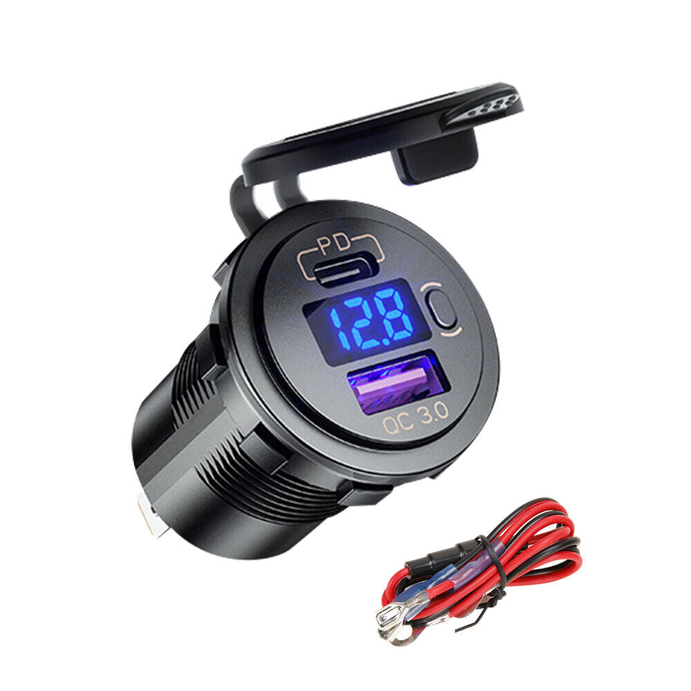 PD Type C USB Car Charger and QC 3.0 Charger 12V Power Outlet Socket ON/Off