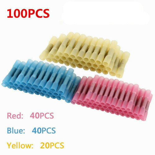 100pcs Heat Shrink Butt Electrical Wire Connectors Crimp Insulated