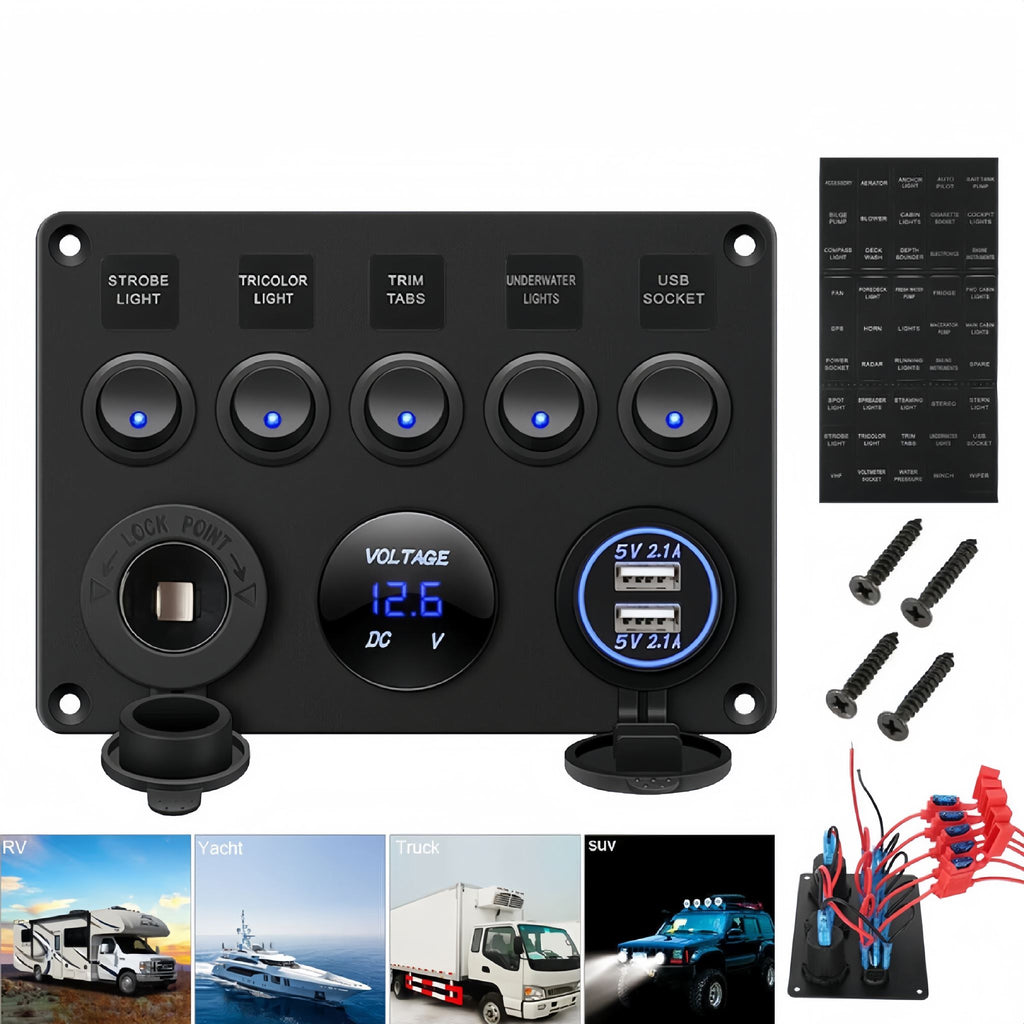 5-Gang Multi-Functional Rocker Switch Panel With Dual USB Charger