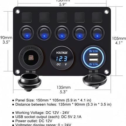 5-Gang Multi-Functional Rocker Switch Panel With Dual USB Charger