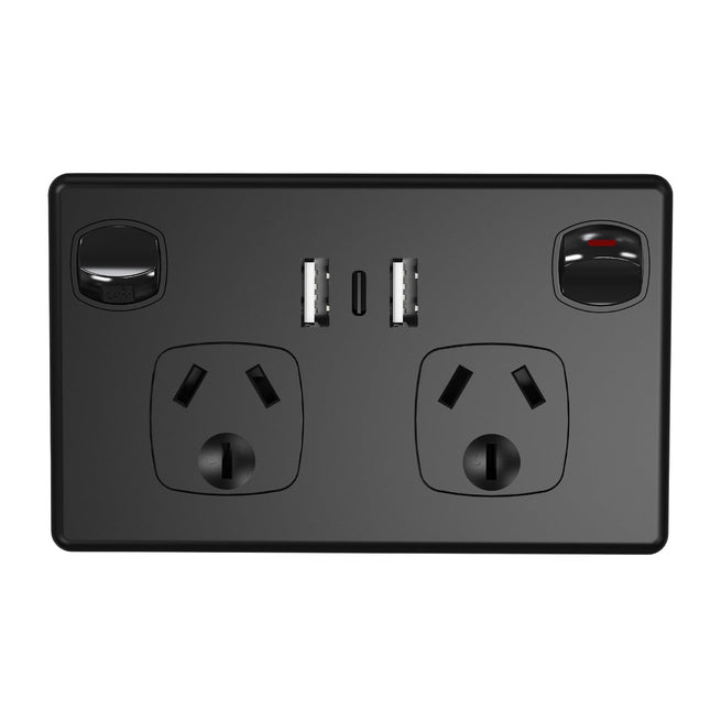 USB Type C Wall Socket Power Point - Black