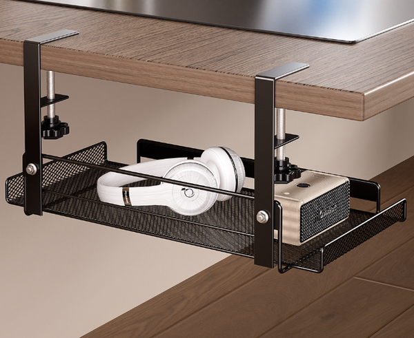 Under Desk Cable Management Tray No Drill, Metal Mesh Cable Tray with Clamp