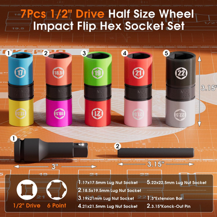 7PCS 1/2" Half Size Lug Nut Flip Socket Set