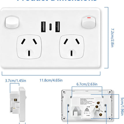 USB Type C Wall Socket Power Point - White