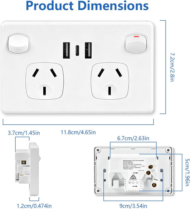 USB Type C Wall Socket Power Point - White