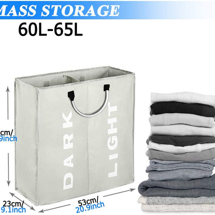 2 Sections Laundry Hamper Collapsible Laundry Bag 60L Foldable Laundry Basket
