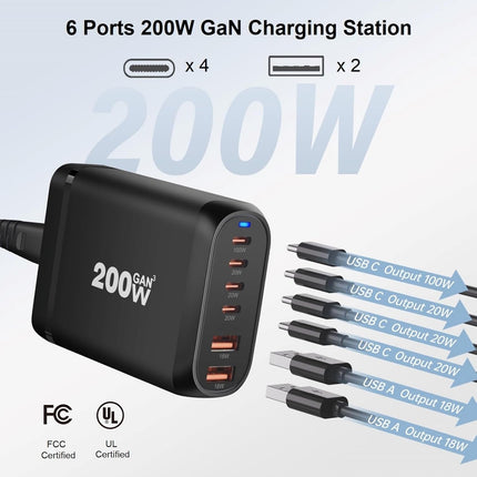 200W USB Type C Charger, 6 Ports Fast Charging Station, GaN III PD QC Desktop Charger