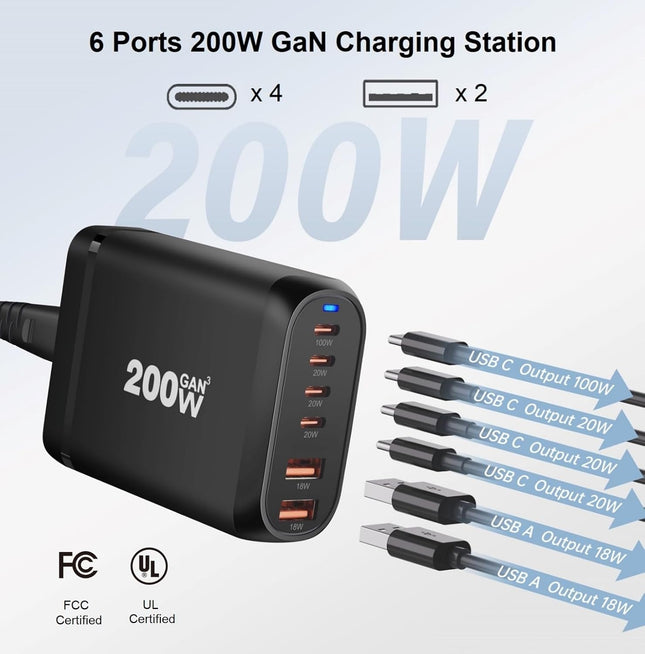 200W USB Type C Charger, 6 Ports Fast Charging Station, GaN III PD QC Desktop Charger