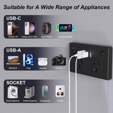 USB Type C Wall Socket Power Point - Black