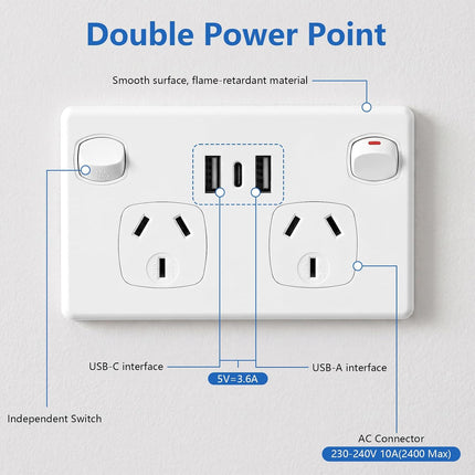 USB Type C Wall Socket Power Point - White