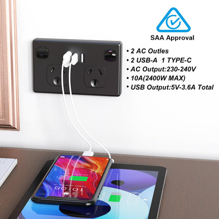 USB Type C Wall Socket Power Point - Black