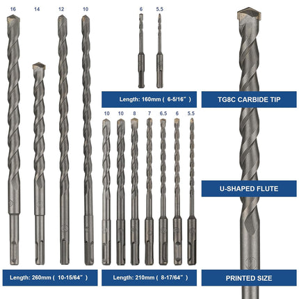 Rotary Hammer Drill Bits Set & Chisels Concrete Masonry Hole Tool 17pcs - salelink.co.nz