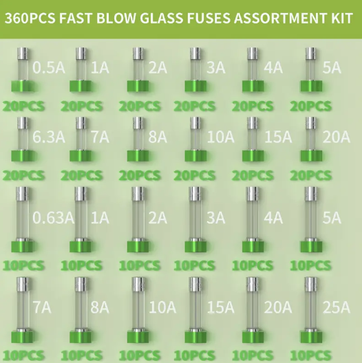 360pcs Fast Blow Glass Fuses Assortment Kit