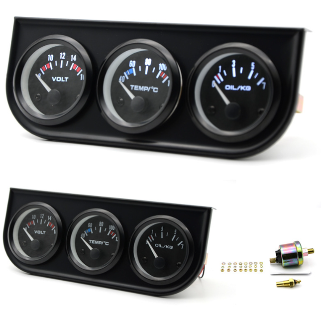 2'' 52mm 3in1 Volt Meter Water Temperature Oil Pressure Gauge Triple Meter Kit