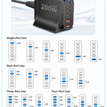 200W USB Type C Charger, 6 Ports Fast Charging Station, GaN III PD QC Desktop Charger