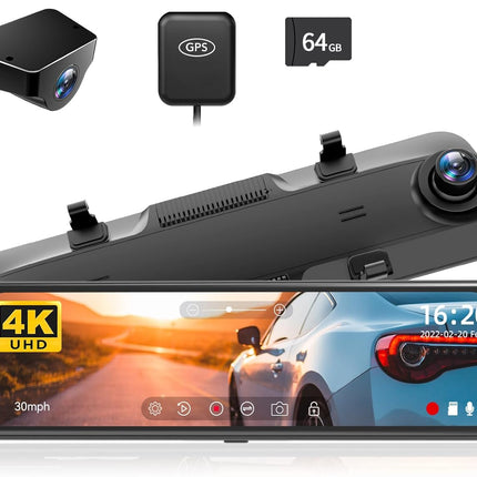 4K Mirror Dash Cam 9.66inch with 64GB Card & GPS
