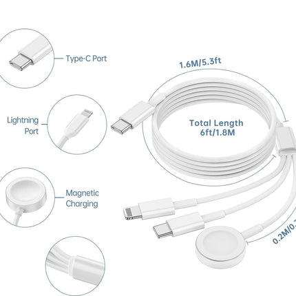 3-in-1 USB-C Charging Cable for Apple Watch, iPhone, iPad & USB-C Android Phones
