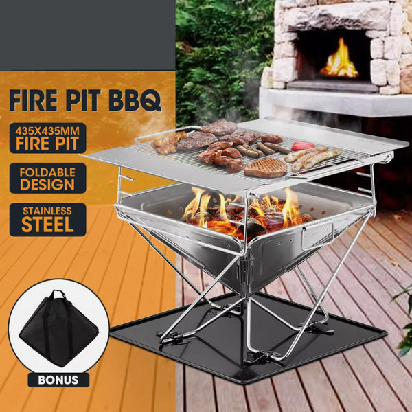 Fire Pit BBQ Grill Smoker Heater Portable Folding Pits Outdoor Stainless Steel