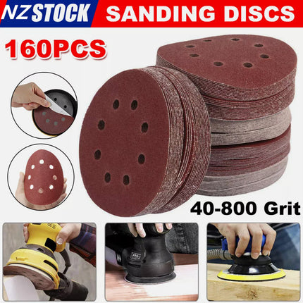 160PCS Sanding Discs 40-800 Grit Pads 125mm Hook&Loop 8 Hole Orbital Sandpaper - salelink.co.nz
