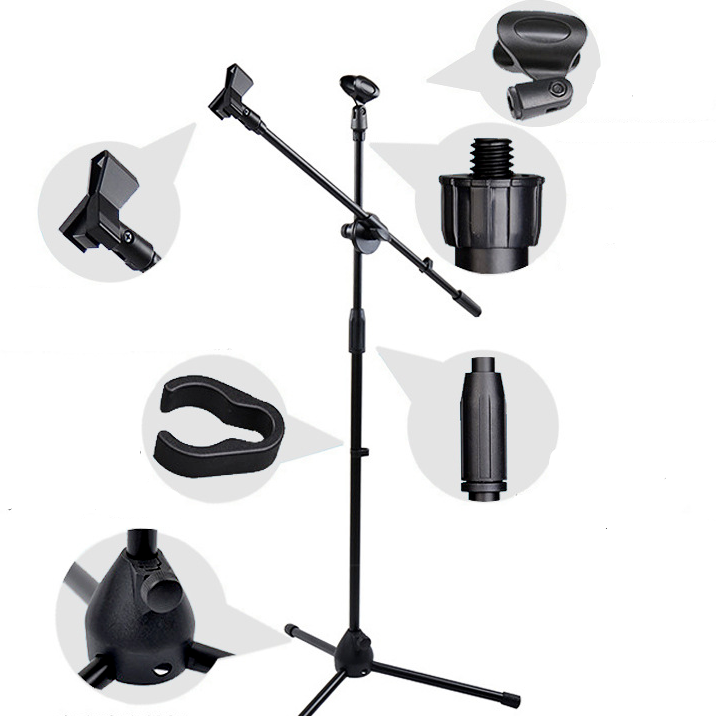Telescopic Boom Microphone Stand Adjustable Mic Holder Tripod Two Clip 1 to 2 M