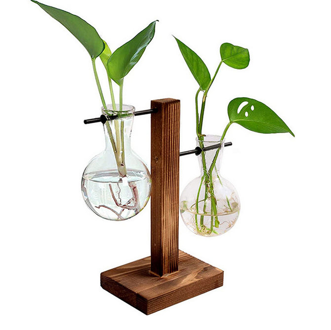 Hydroponic Vase Wooden Stand Glass Bulb Plants Container