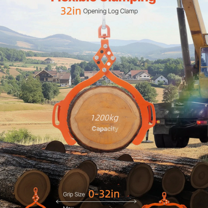 32in Log Lifting Tongs 4 Claw Solid Steel Log Grapple Swivel Log Tools, Capacity of 1200kg