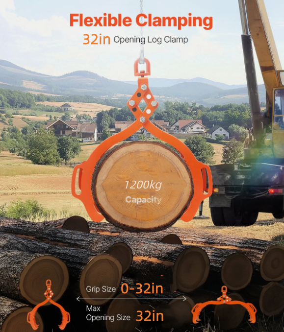 32in Log Lifting Tongs 4 Claw Solid Steel Log Grapple Swivel Log Tools, Capacity of 1200kg