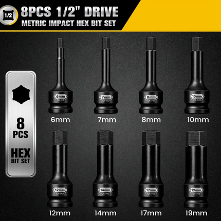 8PCS 1/2" Dr. Impact Bit Socket Hex 5-19mm