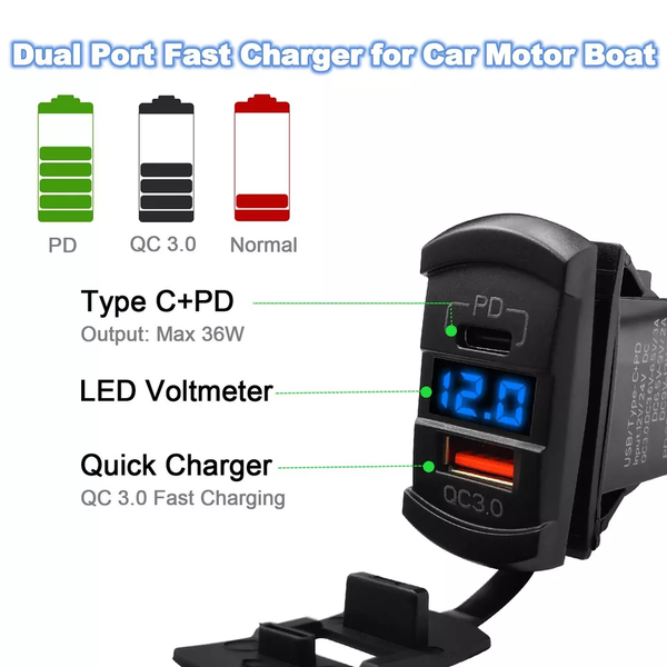 Quick Charger QC 3.0 And Type C Socket Voltmeter Blue Led Rocker Switch