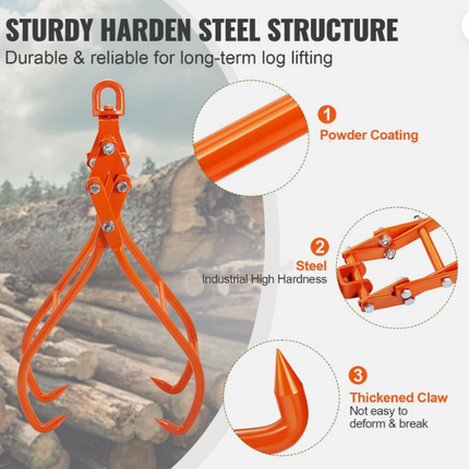 28-Inch Timber Claw Hook with 4 Claws, Log Grapple, 1000kg Capacity