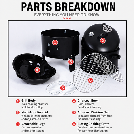 3in1 Charcoal BBQ Smoker - Grill,Roast,Smoke