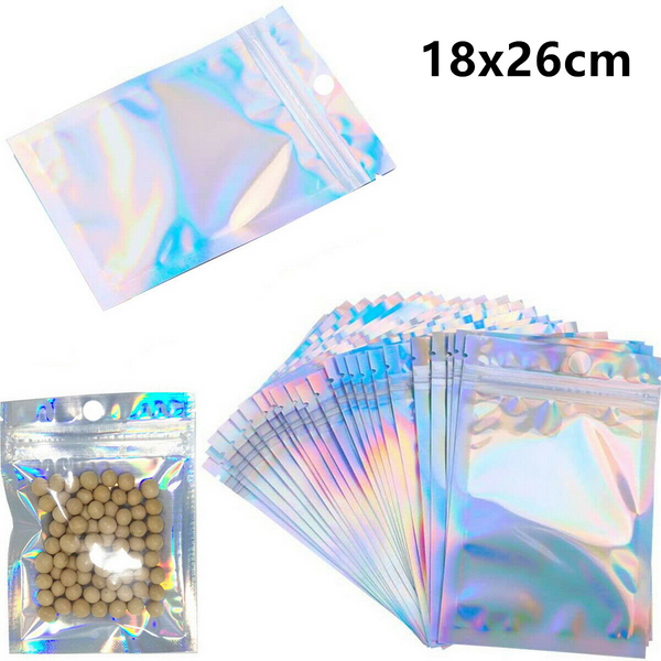 50pcs 18 x 26cm Holographic Ziplock Mylar Bags Aluminum Foil Resealable Valve Zipper Pouch