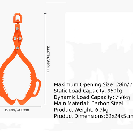 28in Log Lifting Tongs, 2-Claw Log Tongs, 750kg Lifting Capacity