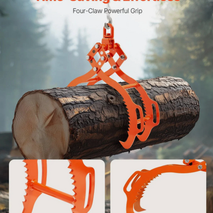 32in Log Lifting Tongs 4 Claw Solid Steel Log Grapple Swivel Log Tools, Capacity of 1200kg