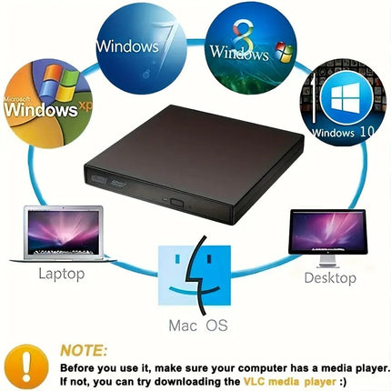 USB External CD DVD ROM Writer Burner Player Drive PC Laptop for Windows Mac - salelink.co.nz