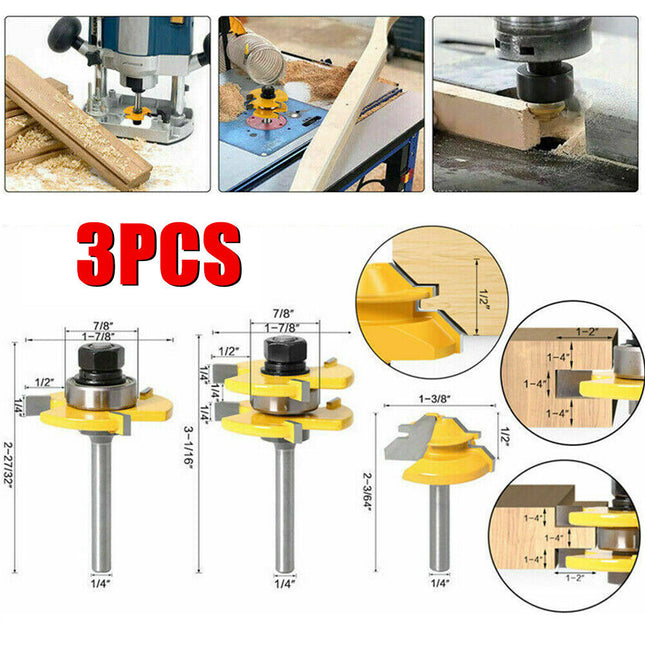 Tongue and Groove Router Bit Set 1/4'' Shank T-type Woodwork Milling Cutter 3pcs - salelink.co.nz