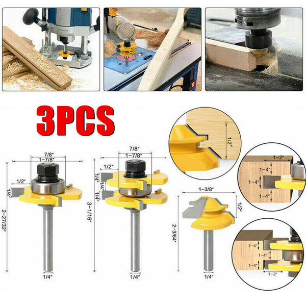 Tongue and Groove Router Bit Set 1/4'' Shank T-type Woodwork Milling Cutter 3pcs