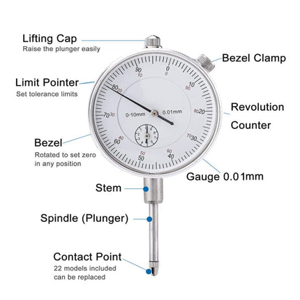 Dial Indicator Gauge Magnetic Base 0-10mm 60KG 22 Indicator Point Set - salelink.co.nz