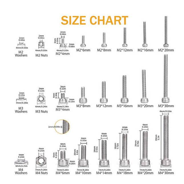 1080Pcs M2 M3 M4 Hex Button Head Socket Screw Stainless Steel - salelink.co.nz
