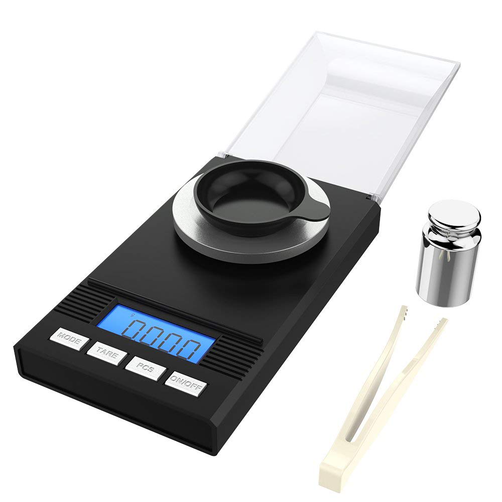 Digital Pocket Scales Milligram Scale 50 X 0.001g Reloading Jewelry Scale Digital Weight with Calibration Weights Tweezers and Weighing Pans