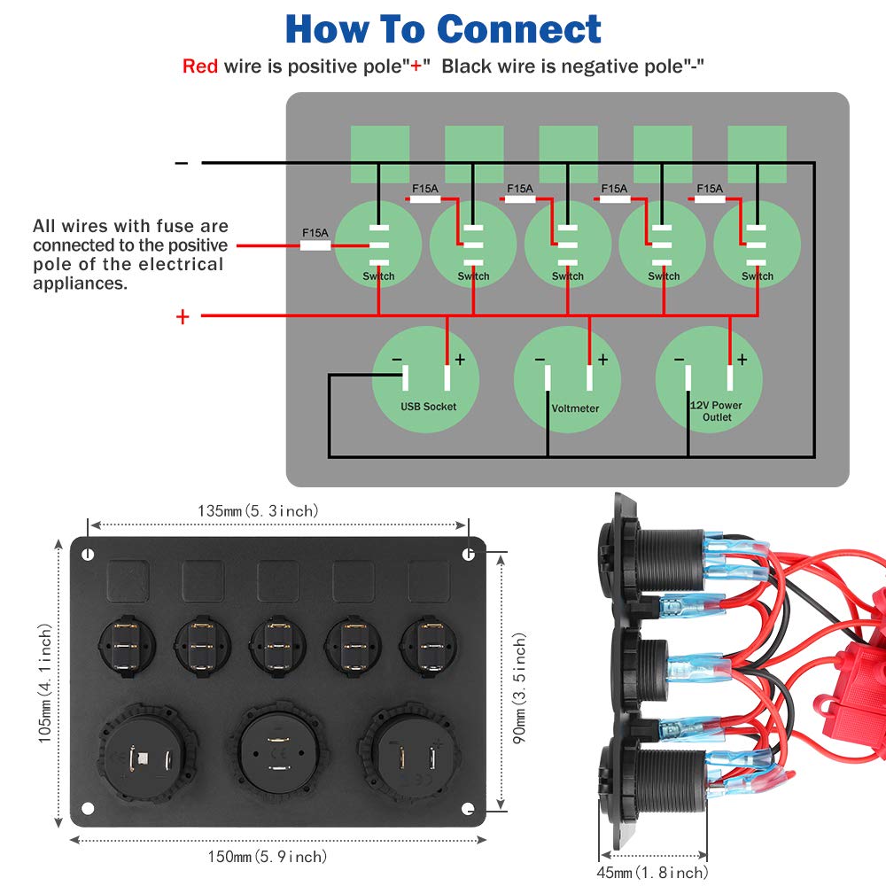 5 Gang ON-OFF Toggle Switch Control Panel 2 USB Charger 12V for Car ...