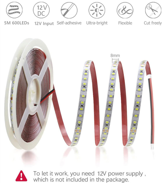 2835 12V 5M LED Strip Light Cool White 600LED - salelink.co.nz