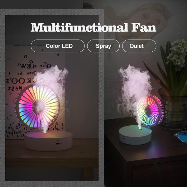 Mini Desk Fan, Portable Misting Fan with Colorful LED